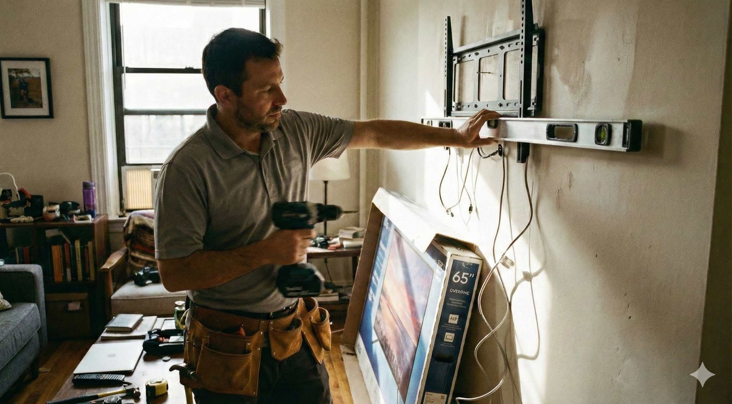 Independent contractor performing TV and shelf mounting through Fixer Station in Houston