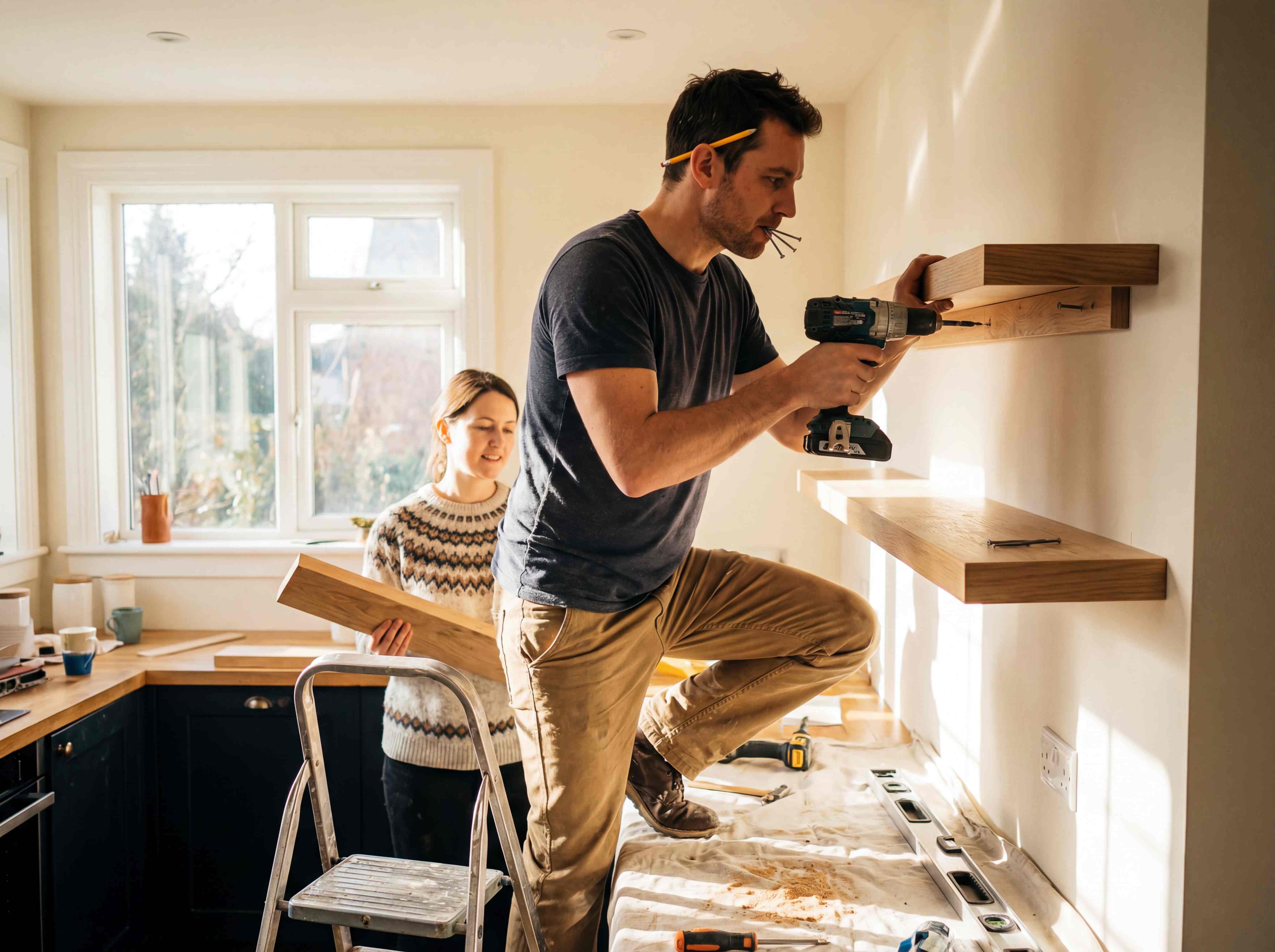Independent contractor installing floating shelves through Fixer Station
